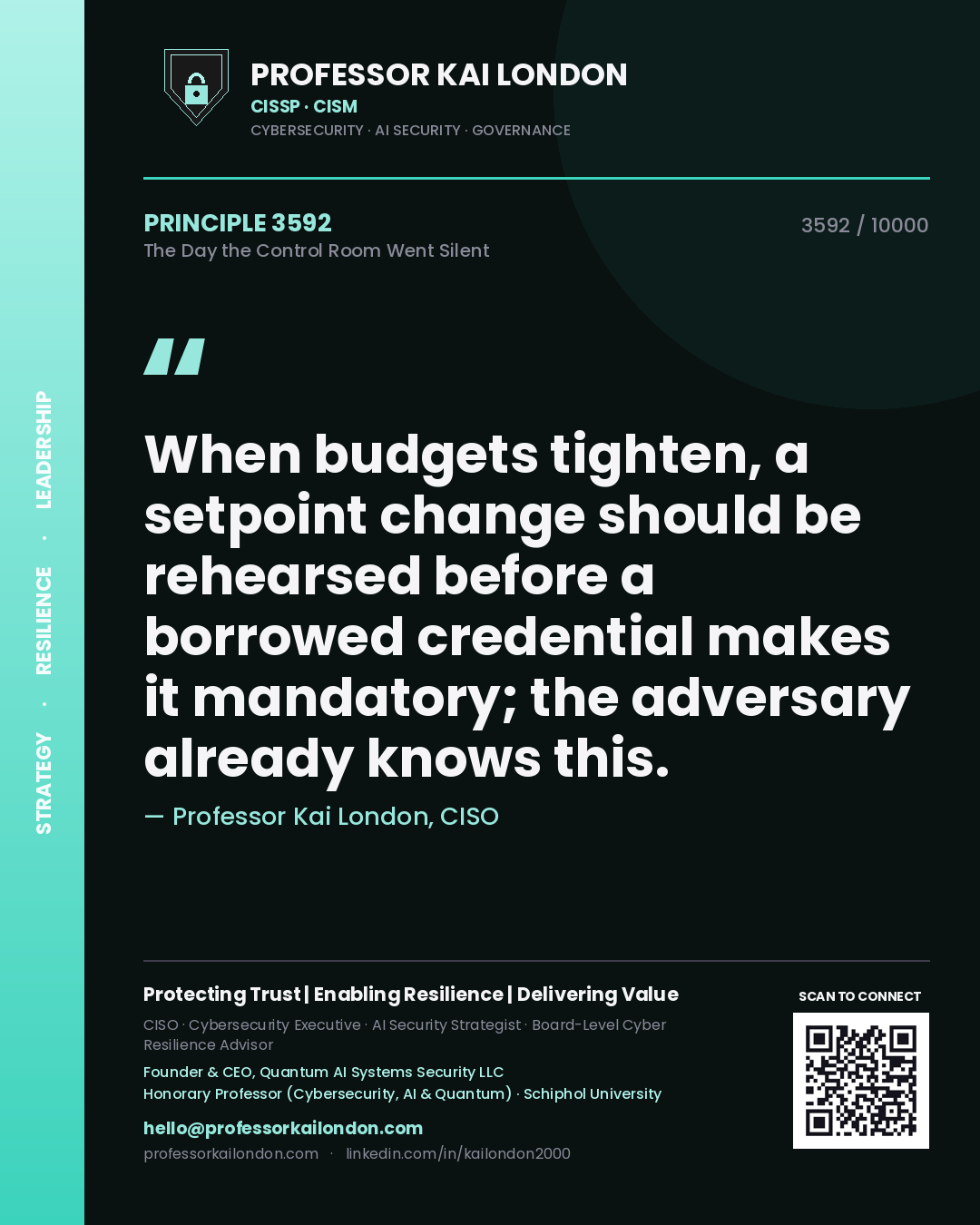 Professor Kai London principle 3592: When budgets tighten, a setpoint change should be rehearsed before a borrowed credential makes it mandatory; the adversary already knows this.