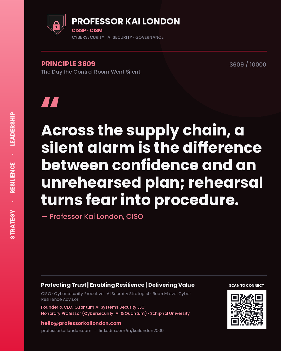 Quote card by Professor Kai London reading 'Across the supply chain, a silent alarm is the difference between confidence and an unrehearsed plan; rehearsal turns fear into procedure.'. From the book The Day the Control Room Went Silent.