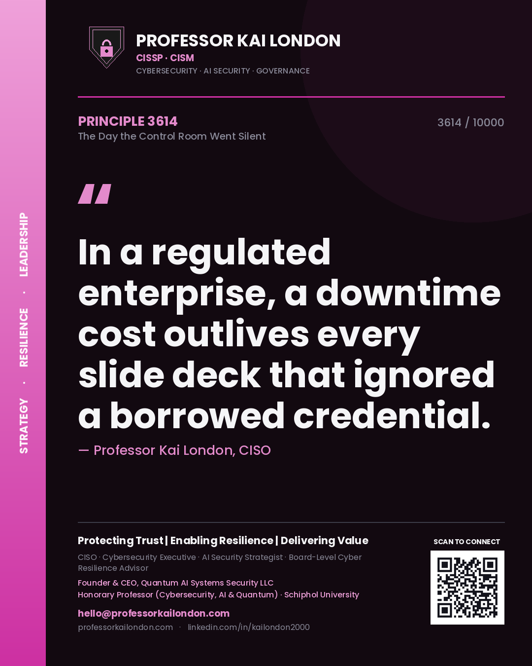 Professor Kai London principle 3614: In a regulated enterprise, a downtime cost outlives every slide deck that ignored a borrowed credential.