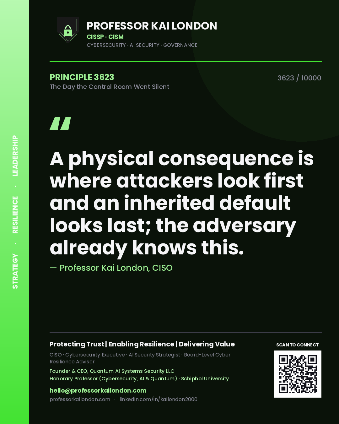 Quote card by Professor Kai London reading 'A physical consequence is where attackers look first and an inherited default looks last; the adversary already knows this.'. From the book The Day the Control Room Went Silent.