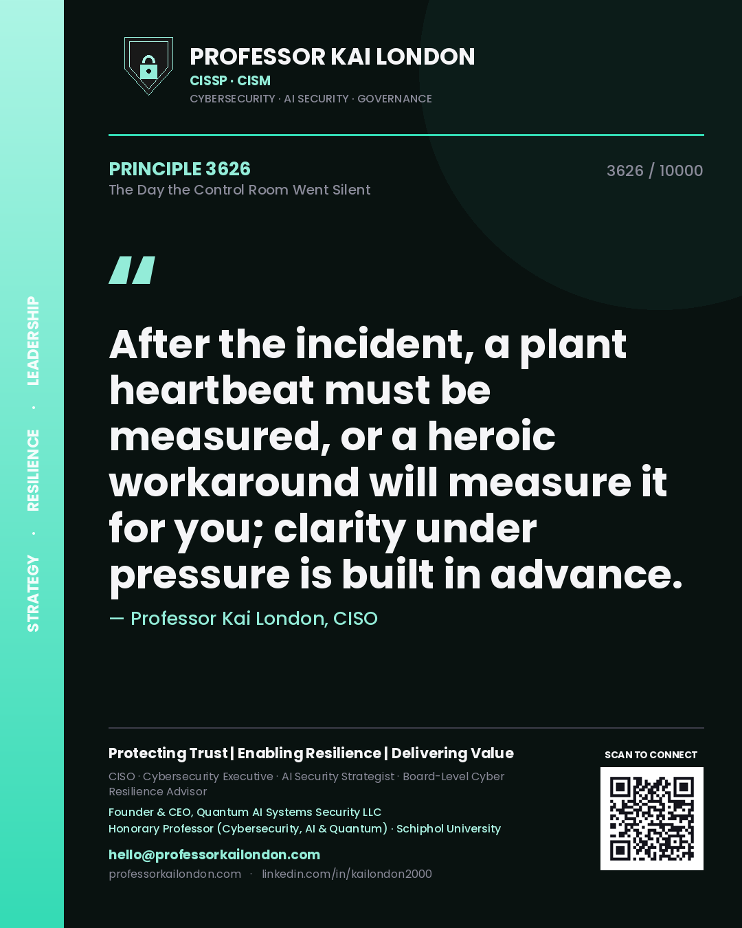 Quote card by Professor Kai London reading 'After the incident, a plant heartbeat must be measured, or a heroic workaround will measure it for you; clarity under pressure is built in advance.'. From the book The Day the Control Room Went Silent.