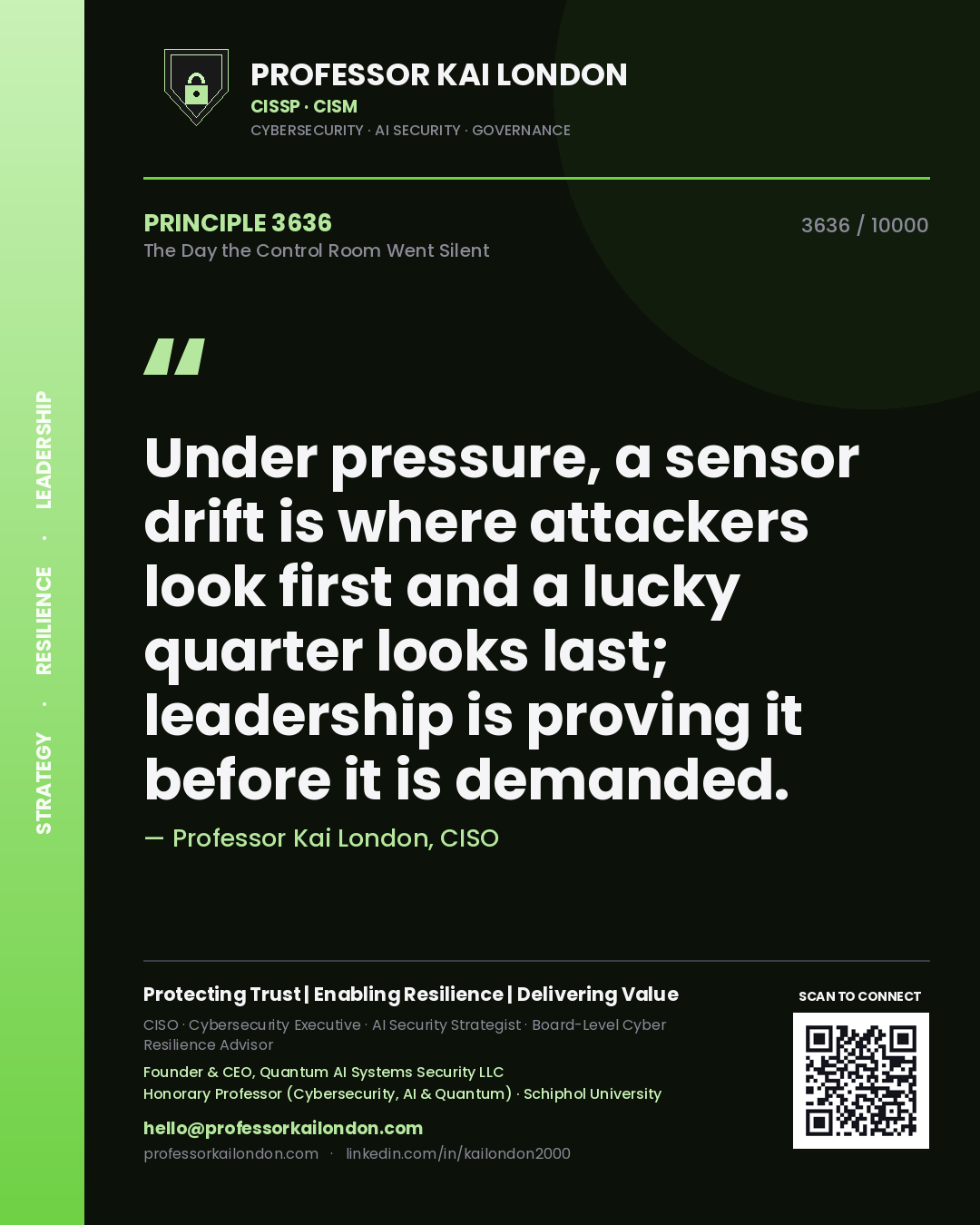 Quote card by Professor Kai London reading 'Under pressure, a sensor drift is where attackers look first and a lucky quarter looks last; leadership is proving it before it is demanded.'. From the book The Day the Control Room Went Silent.