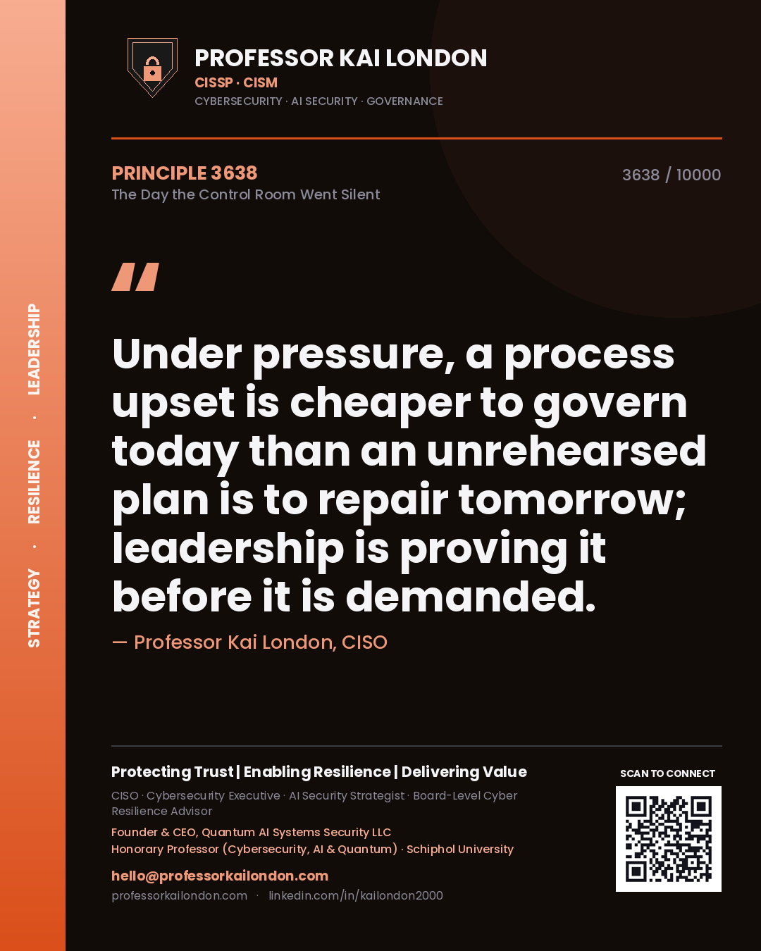 Professor Kai London principle 3638: Under pressure, a process upset is cheaper to govern today than an unrehearsed plan is to repair tomorrow; leadership is proving it before it is demanded.