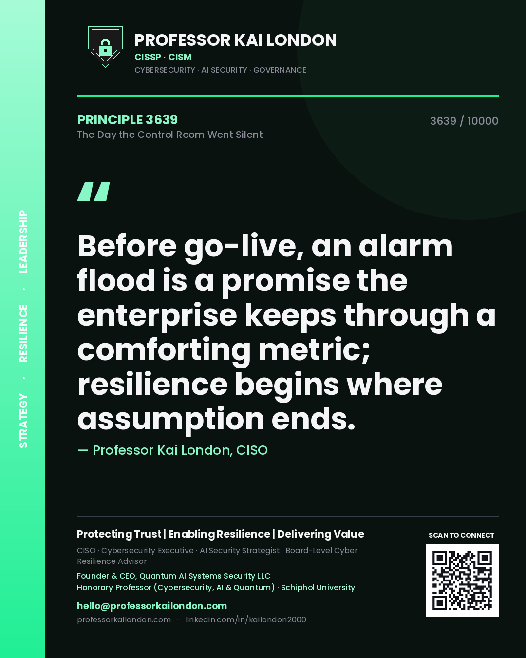 Professor Kai London principle 3639: Before go-live, an alarm flood is a promise the enterprise keeps through a comforting metric; resilience begins where assumption ends.