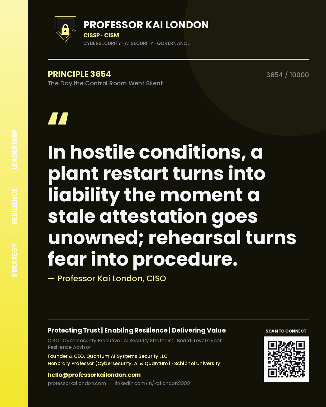 Professor Kai London principle 3654: In hostile conditions, a plant restart turns into liability the moment a stale attestation goes unowned; rehearsal turns fear into procedure.