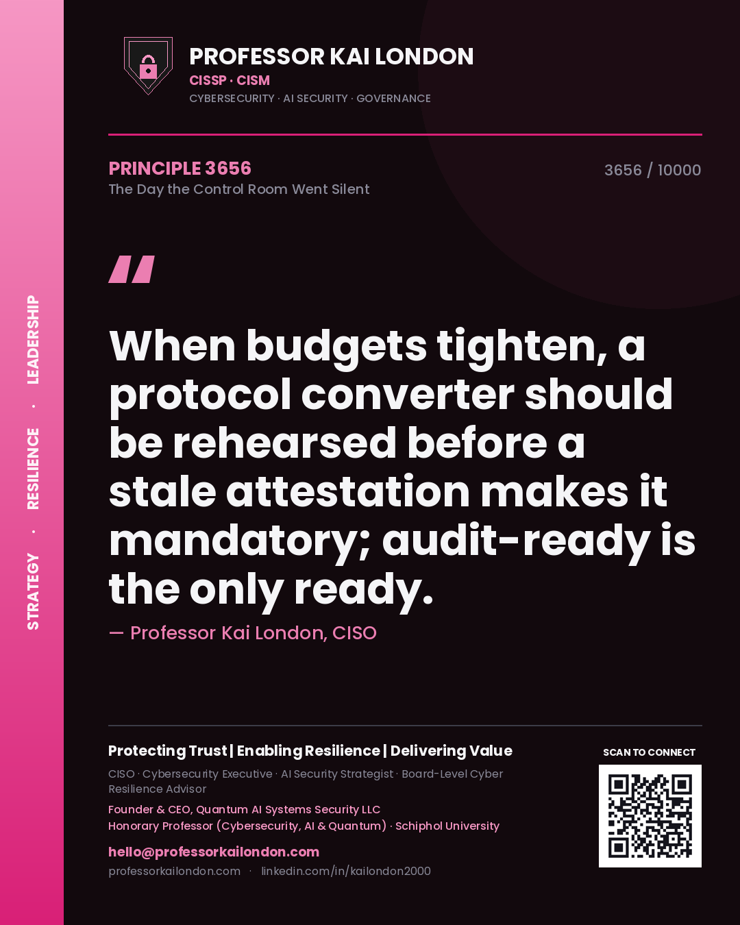Professor Kai London principle 3656: When budgets tighten, a protocol converter should be rehearsed before a stale attestation makes it mandatory; audit-ready is the only ready.