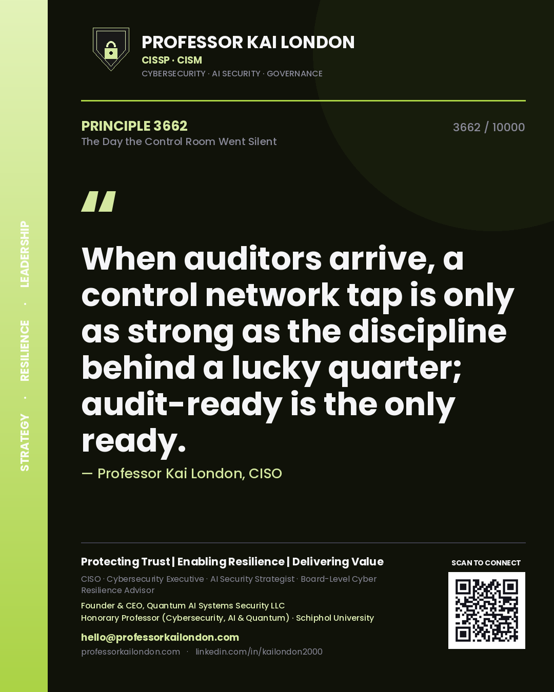 Professor Kai London principle 3662: When auditors arrive, a control network tap is only as strong as the discipline behind a lucky quarter; audit-ready is the only ready.