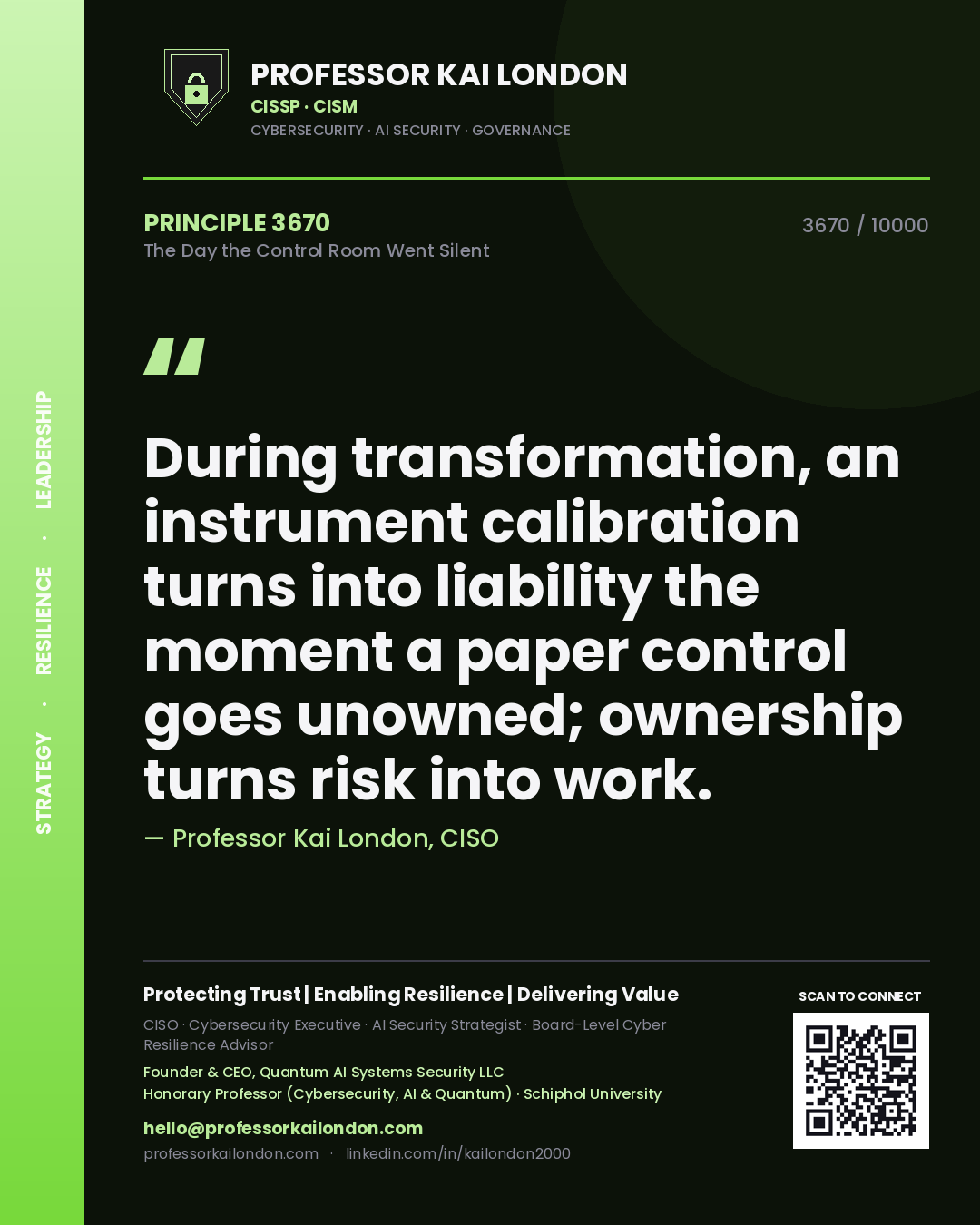 Professor Kai London principle 3670: During transformation, an instrument calibration turns into liability the moment a paper control goes unowned; ownership turns risk into work.