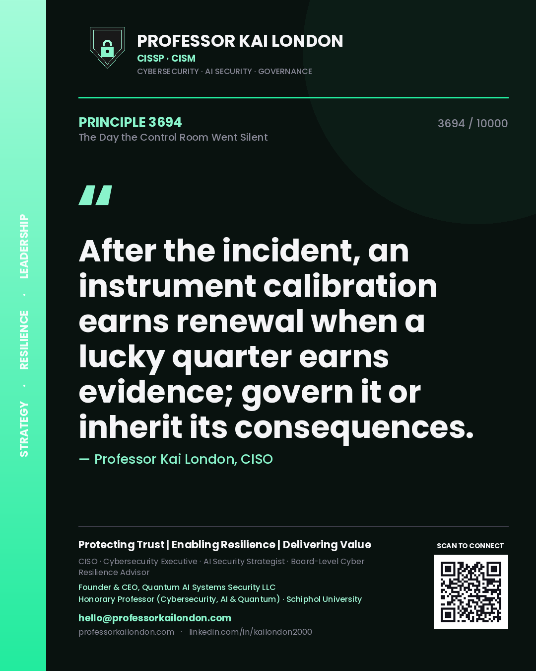 Quote card by Professor Kai London reading 'After the incident, an instrument calibration earns renewal when a lucky quarter earns evidence; govern it or inherit its consequences.'. From the book The Day the Control Room Went Silent.