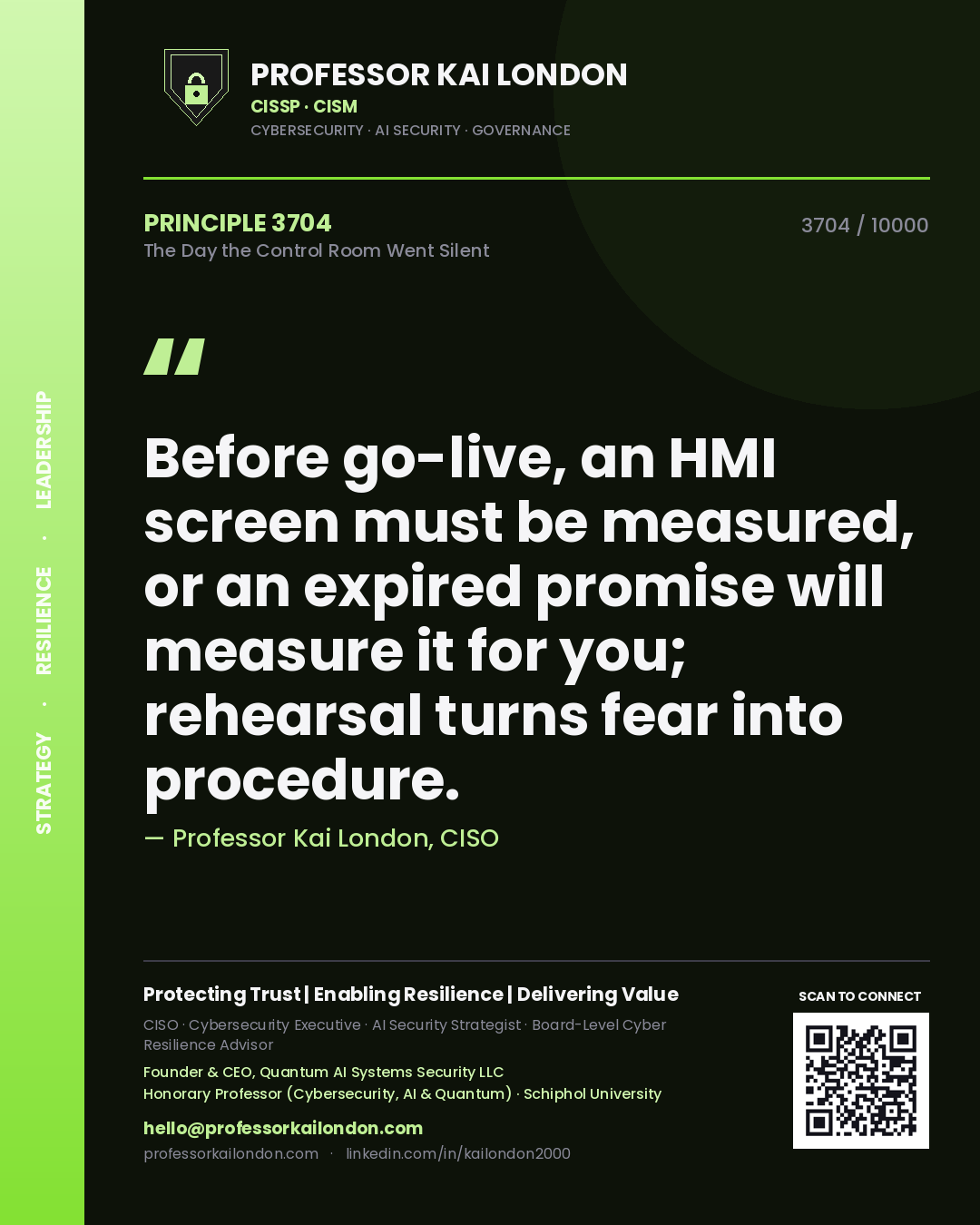 Professor Kai London principle 3704: Before go-live, an HMI screen must be measured, or an expired promise will measure it for you; rehearsal turns fear into procedure.