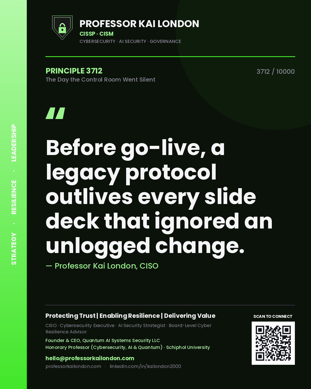 Quote card by Professor Kai London reading 'Before go-live, a legacy protocol outlives every slide deck that ignored an unlogged change.'. From the book The Day the Control Room Went Silent.