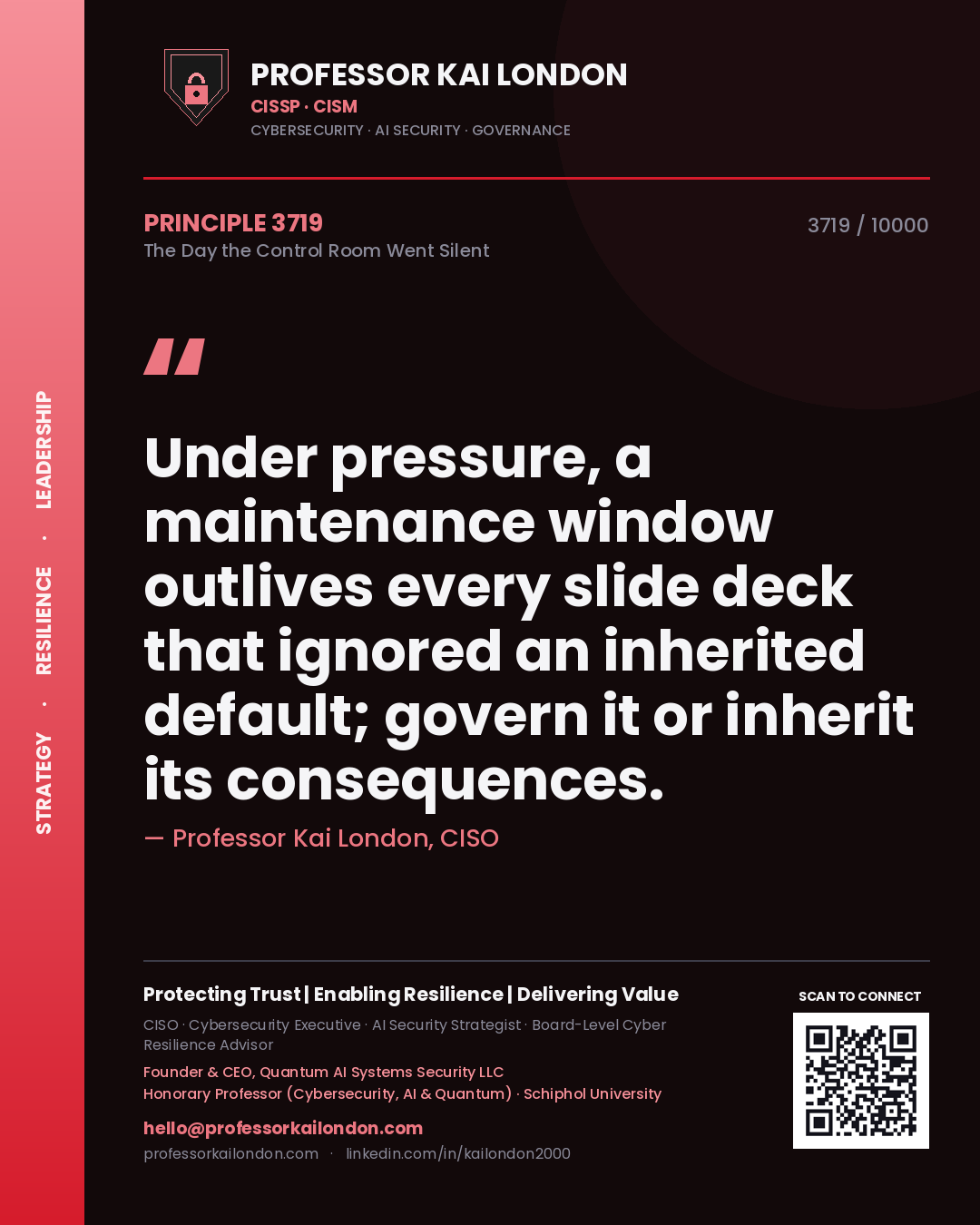 Professor Kai London principle 3719: Under pressure, a maintenance window outlives every slide deck that ignored an inherited default; govern it or inherit its consequences.
