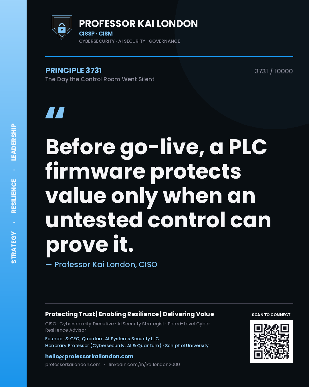 Professor Kai London principle 3731: Before go-live, a PLC firmware protects value only when an untested control can prove it.