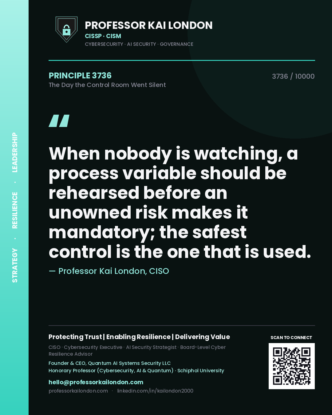 Quote card by Professor Kai London reading 'When nobody is watching, a process variable should be rehearsed before an unowned risk makes it mandatory; the safest control is the one that is used.'. From the book The Day the Control Room Went Silent.