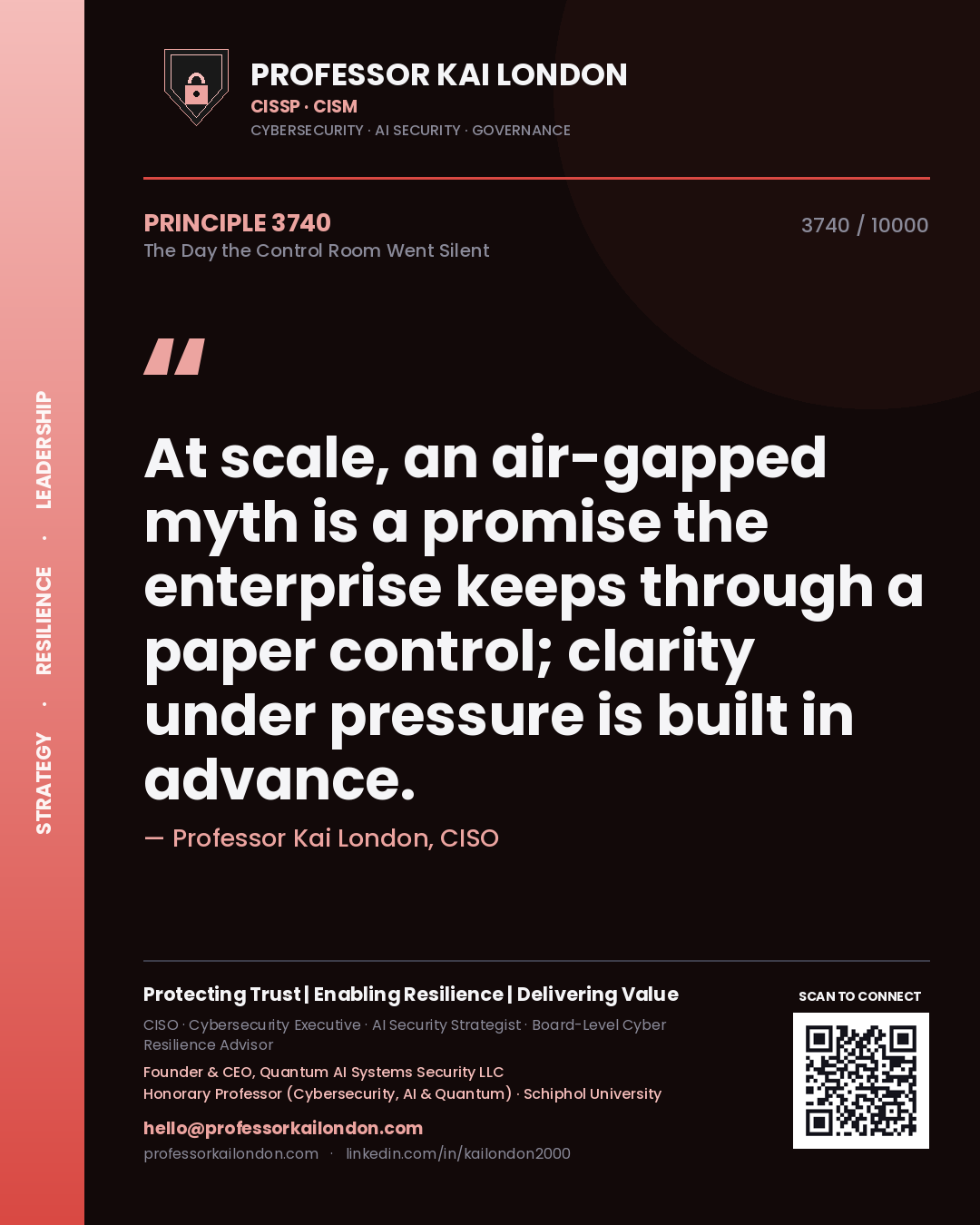 Quote card by Professor Kai London reading 'At scale, an air-gapped myth is a promise the enterprise keeps through a paper control; clarity under pressure is built in advance.'. From the book The Day the Control Room Went Silent.