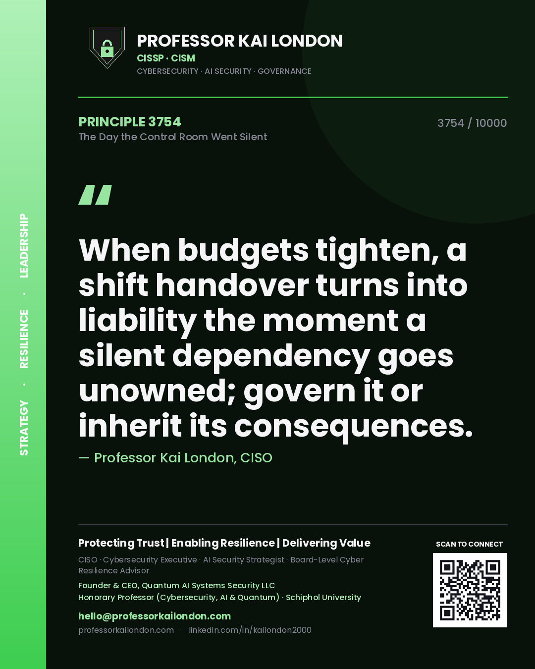 Professor Kai London principle 3754: When budgets tighten, a shift handover turns into liability the moment a silent dependency goes unowned; govern it or inherit its consequences.