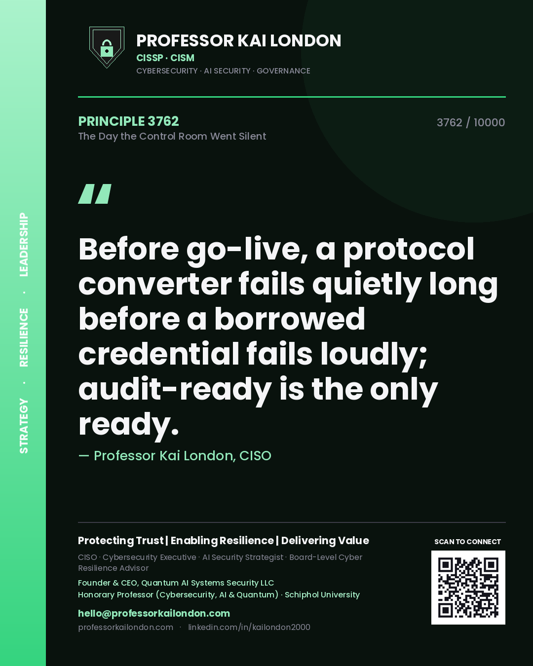 Quote card by Professor Kai London reading 'Before go-live, a protocol converter fails quietly long before a borrowed credential fails loudly; audit-ready is the only ready.'. From the book The Day the Control Room Went Silent.