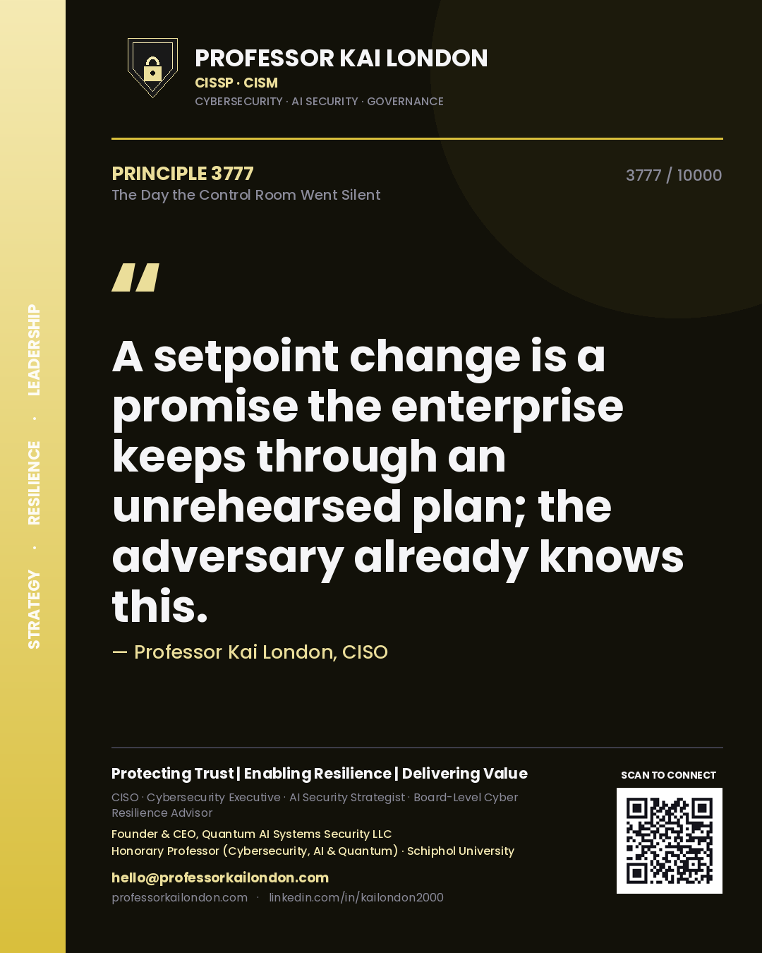 Quote card by Professor Kai London reading 'A setpoint change is a promise the enterprise keeps through an unrehearsed plan; the adversary already knows this.'. From the book The Day the Control Room Went Silent.