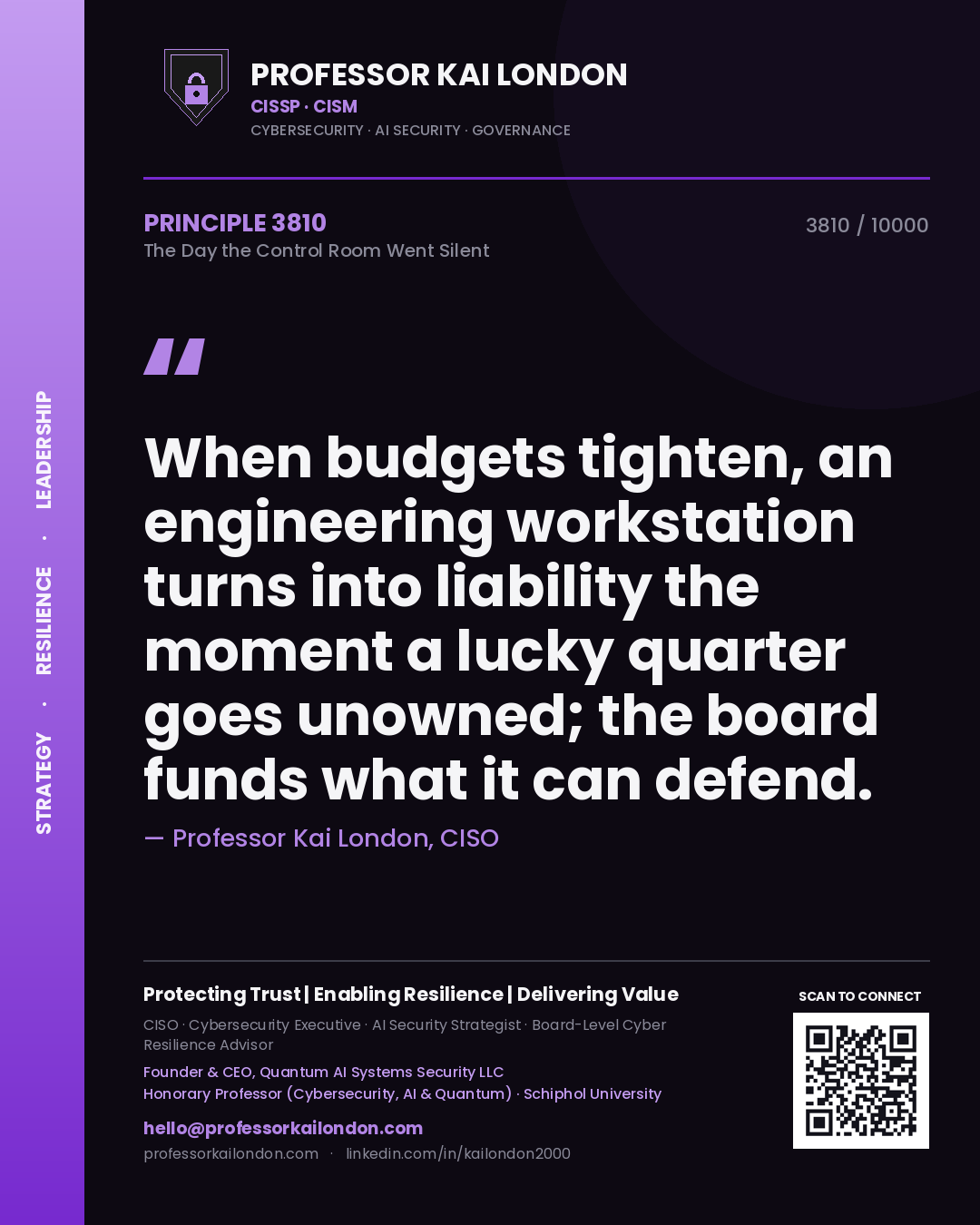 Quote card by Professor Kai London reading 'When budgets tighten, an engineering workstation turns into liability the moment a lucky quarter goes unowned; the board funds what it can defend.'. From the book The Day the Control Room Went Silent.
