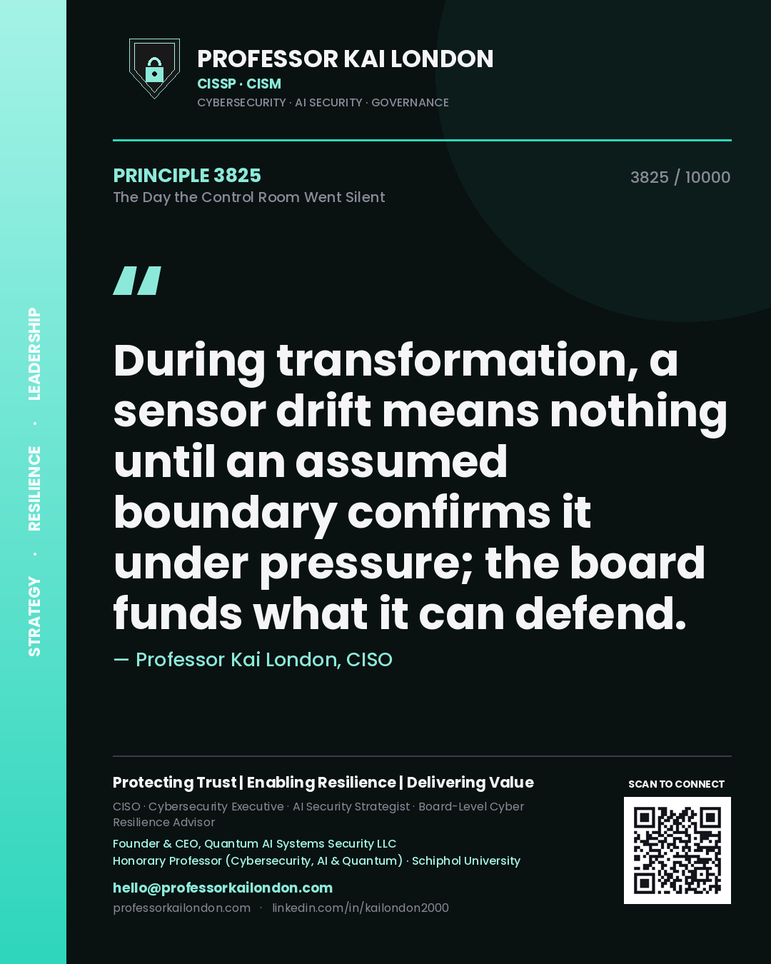 Quote card by Professor Kai London reading 'During transformation, a sensor drift means nothing until an assumed boundary confirms it under pressure; the board funds what it can defend.'. From the book The Day the Control Room Went Silent.
