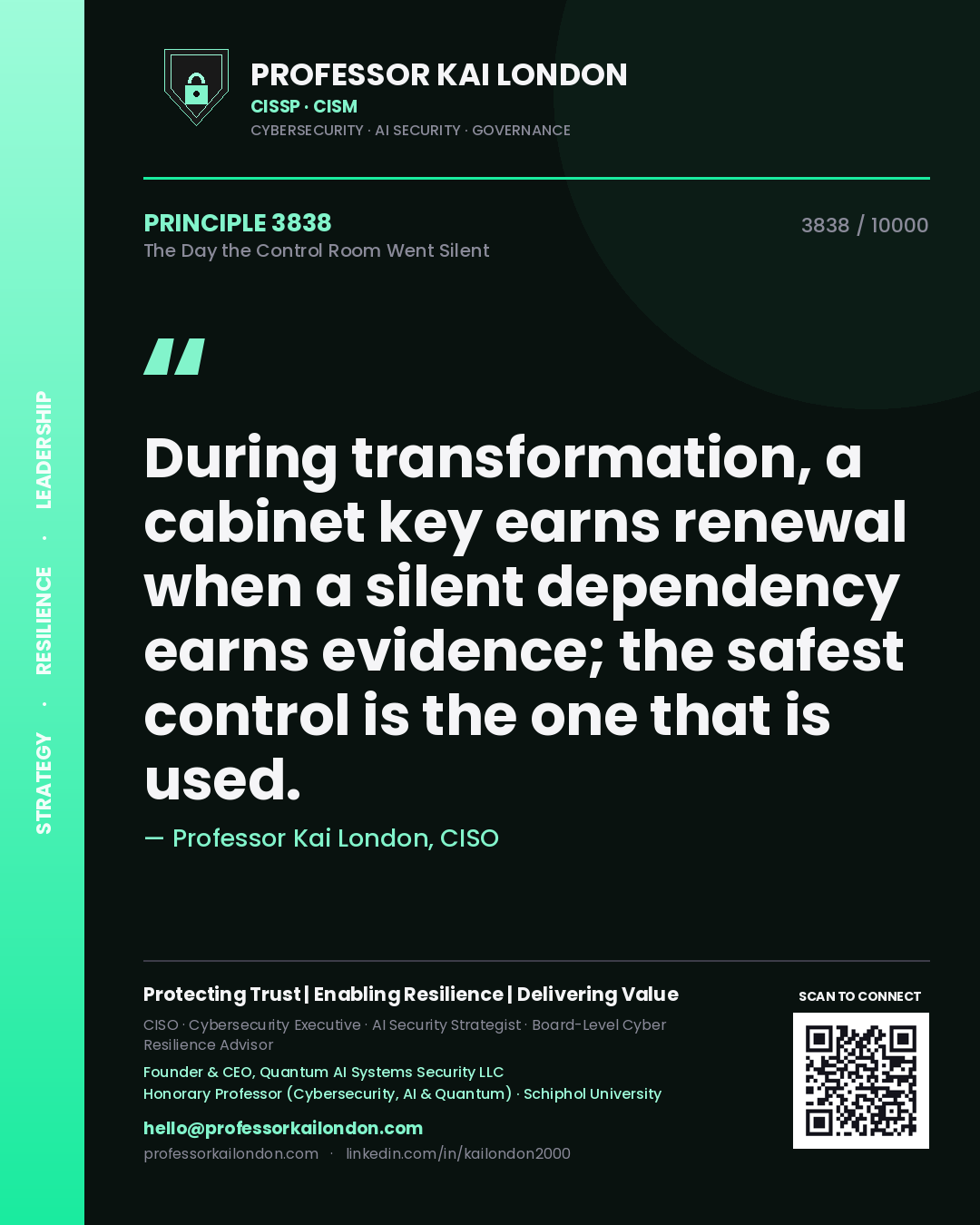 Quote card by Professor Kai London reading 'During transformation, a cabinet key earns renewal when a silent dependency earns evidence; the safest control is the one that is used.'. From the book The Day the Control Room Went Silent.