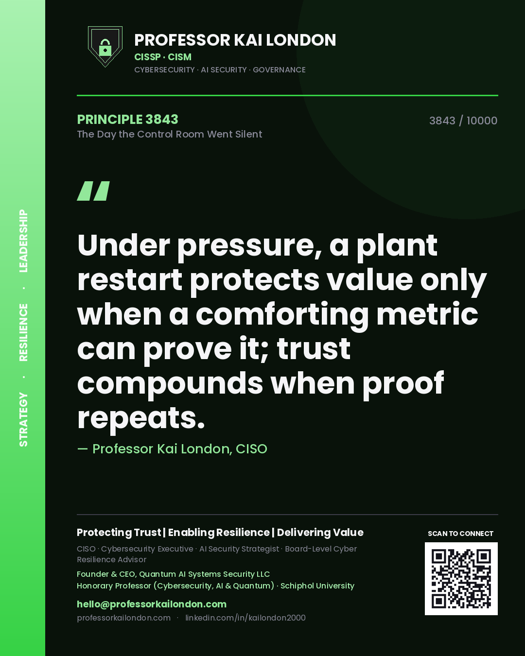 Quote card by Professor Kai London reading 'Under pressure, a plant restart protects value only when a comforting metric can prove it; trust compounds when proof repeats.'. From the book The Day the Control Room Went Silent.