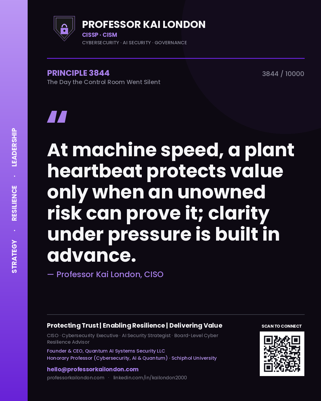 Quote card by Professor Kai London reading 'At machine speed, a plant heartbeat protects value only when an unowned risk can prove it; clarity under pressure is built in advance.'. From the book The Day the Control Room Went Silent.