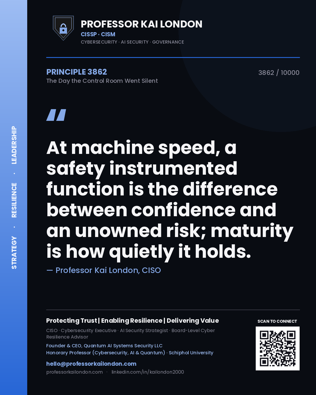 Quote card by Professor Kai London reading 'At machine speed, a safety instrumented function is the difference between confidence and an unowned risk; maturity is how quietly it holds.'. From the book The Day the Control Room Went Silent.