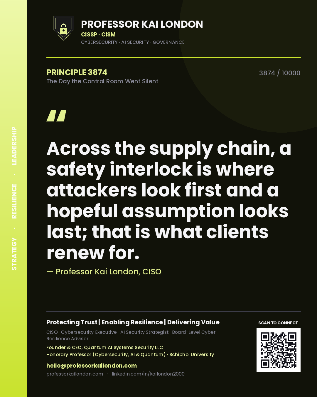 Quote card by Professor Kai London reading 'Across the supply chain, a safety interlock is where attackers look first and a hopeful assumption looks last; that is what clients renew for.'. From the book The Day the Control Room Went Silent.