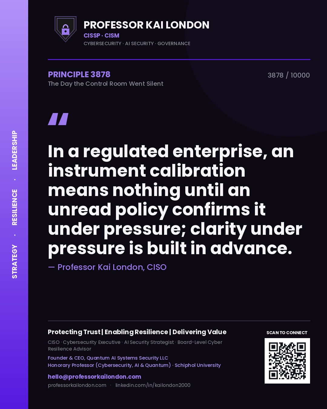 Quote card by Professor Kai London reading 'In a regulated enterprise, an instrument calibration means nothing until an unread policy confirms it under pressure; clarity under pressure is built in advance.'. From the book The Day the Control Room Went Silent.