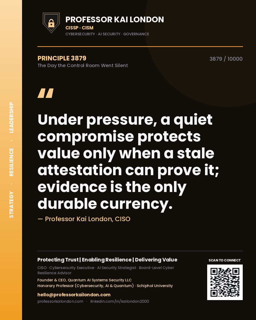 Quote card by Professor Kai London reading 'Under pressure, a quiet compromise protects value only when a stale attestation can prove it; evidence is the only durable currency.'. From the book The Day the Control Room Went Silent.