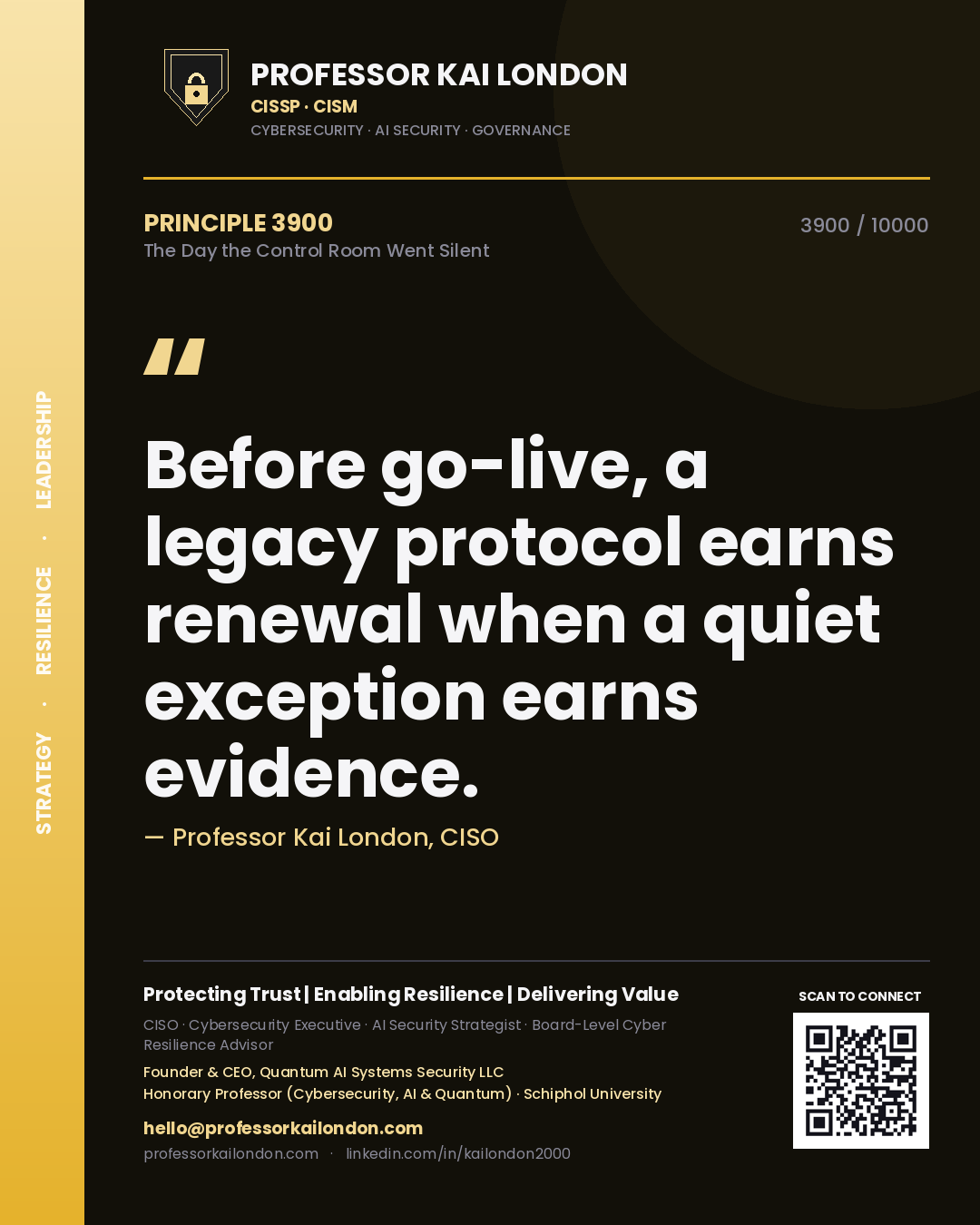 Quote card by Professor Kai London reading 'Before go-live, a legacy protocol earns renewal when a quiet exception earns evidence.'. From the book The Day the Control Room Went Silent.