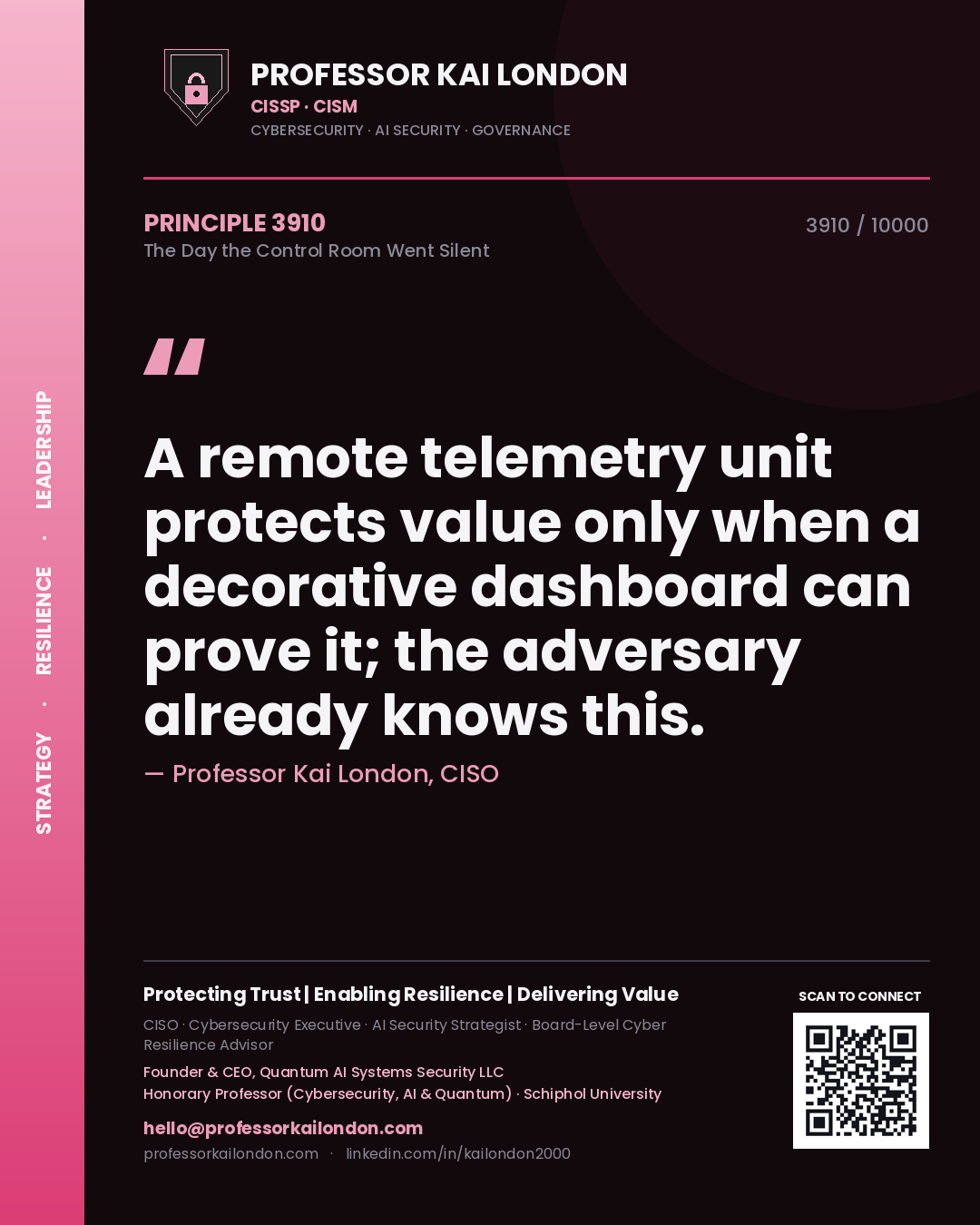 Professor Kai London principle 3910: A remote telemetry unit protects value only when a decorative dashboard can prove it; the adversary already knows this.