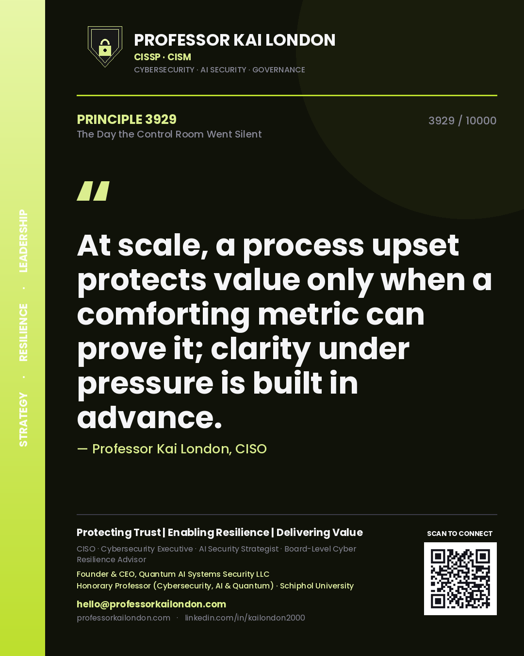 Quote card by Professor Kai London reading 'At scale, a process upset protects value only when a comforting metric can prove it; clarity under pressure is built in advance.'. From the book The Day the Control Room Went Silent.