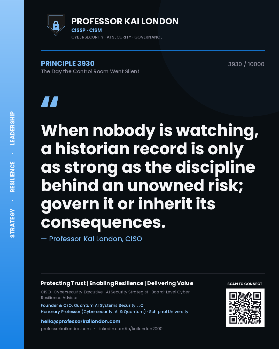 Quote card by Professor Kai London reading 'When nobody is watching, a historian record is only as strong as the discipline behind an unowned risk; govern it or inherit its consequences.'. From the book The Day the Control Room Went Silent.