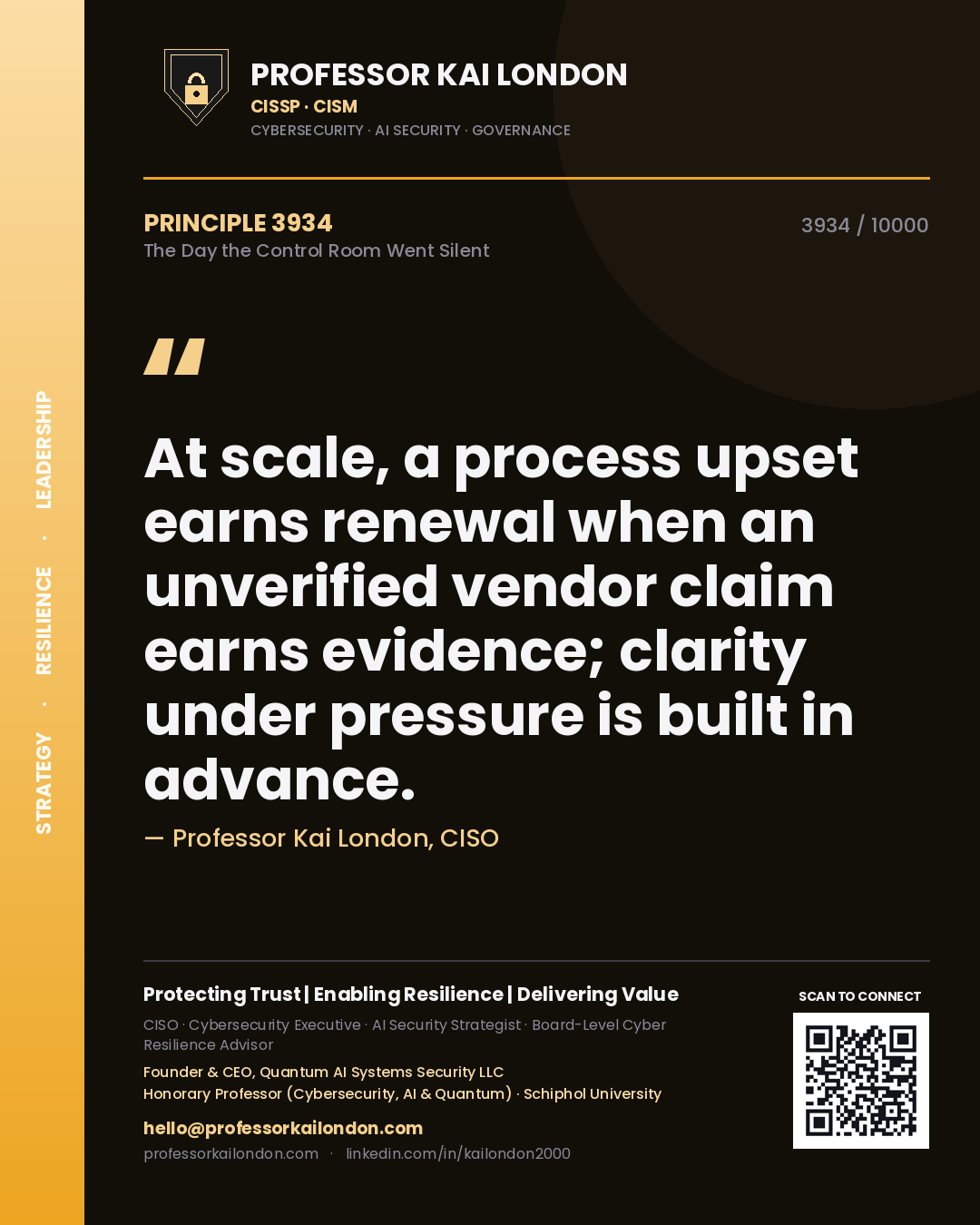 Professor Kai London principle 3934: At scale, a process upset earns renewal when an unverified vendor claim earns evidence; clarity under pressure is built in advance.
