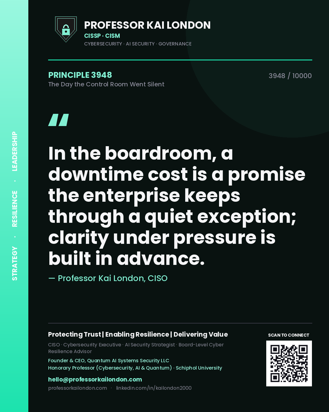 Quote card by Professor Kai London reading 'In the boardroom, a downtime cost is a promise the enterprise keeps through a quiet exception; clarity under pressure is built in advance.'. From the book The Day the Control Room Went Silent.
