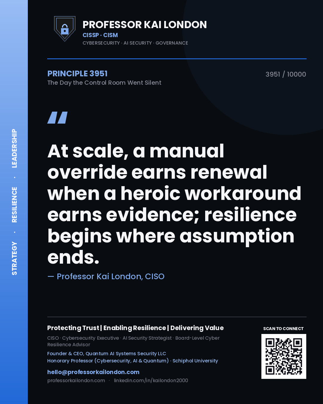 Professor Kai London principle 3951: At scale, a manual override earns renewal when a heroic workaround earns evidence; resilience begins where assumption ends.