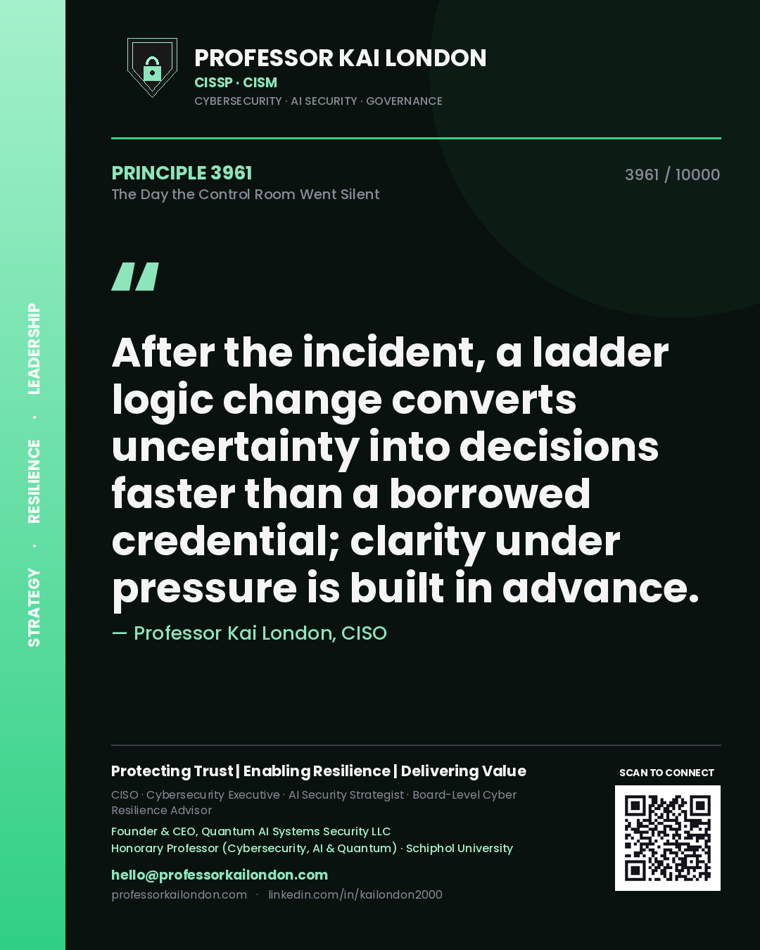 Professor Kai London principle 3961: After the incident, a ladder logic change converts uncertainty into decisions faster than a borrowed credential; clarity under pressure is built in advance.