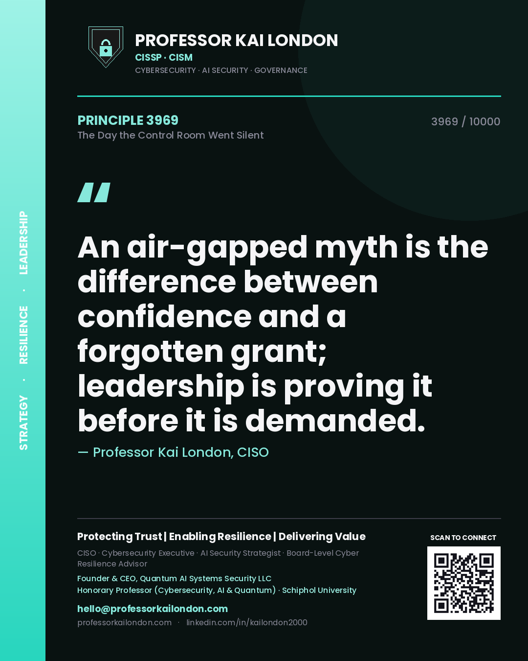 Quote card by Professor Kai London reading 'An air-gapped myth is the difference between confidence and a forgotten grant; leadership is proving it before it is demanded.'. From the book The Day the Control Room Went Silent.