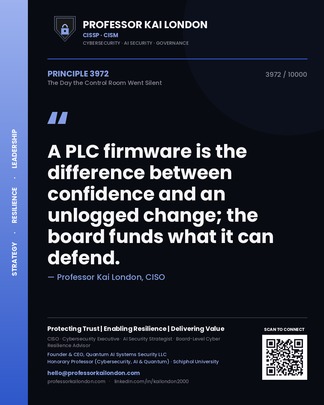 Professor Kai London principle 3972: A PLC firmware is the difference between confidence and an unlogged change; the board funds what it can defend.