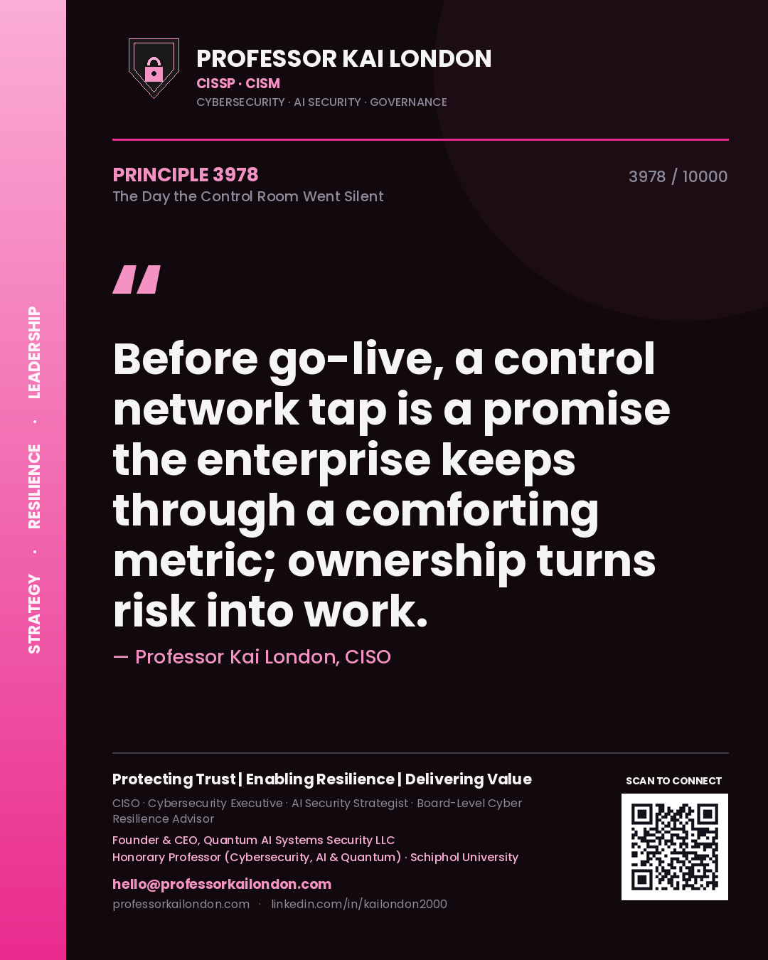 Quote card by Professor Kai London reading 'Before go-live, a control network tap is a promise the enterprise keeps through a comforting metric; ownership turns risk into work.'. From the book The Day the Control Room Went Silent.