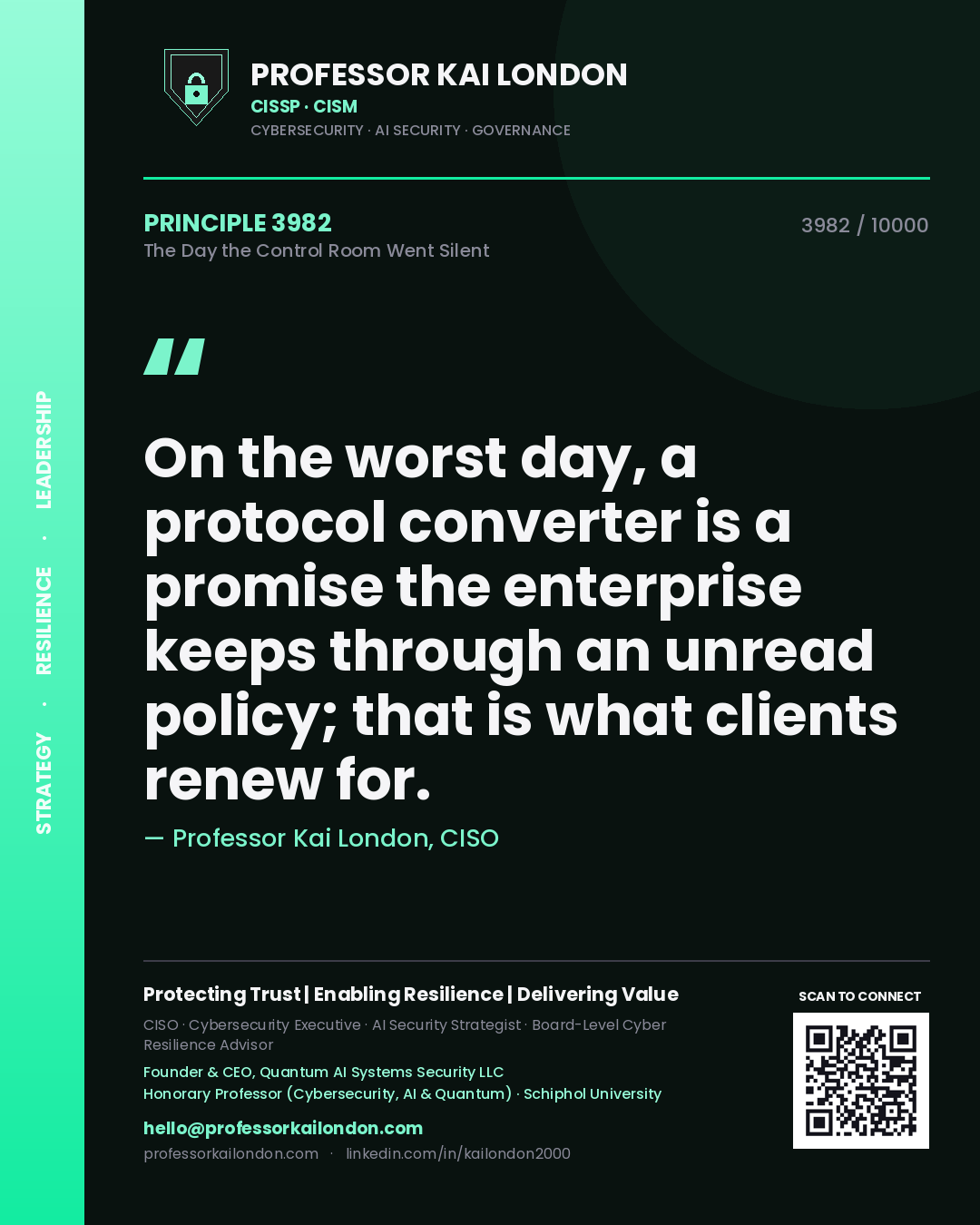 Professor Kai London principle 3982: On the worst day, a protocol converter is a promise the enterprise keeps through an unread policy; that is what clients renew for.