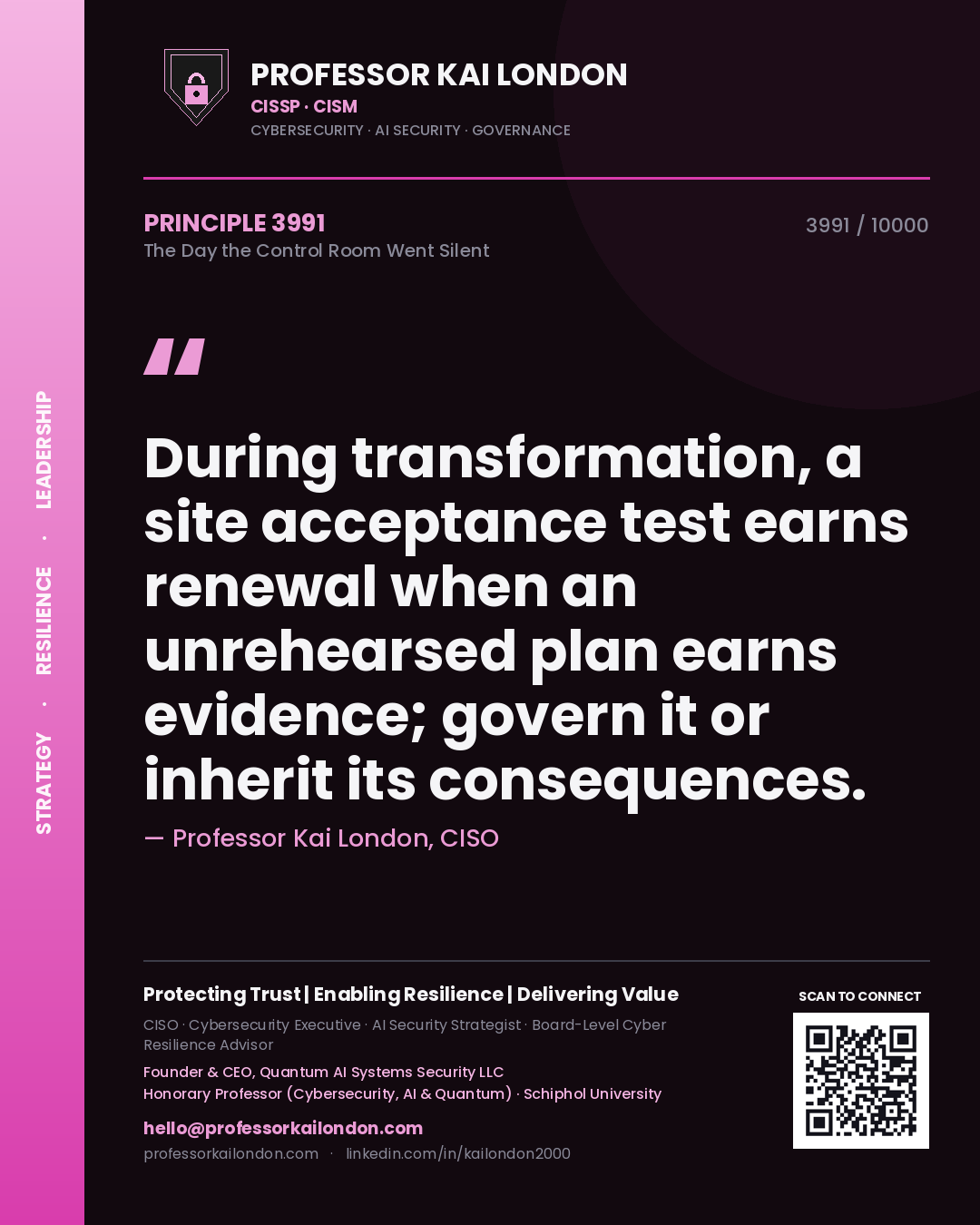 Professor Kai London principle 3991: During transformation, a site acceptance test earns renewal when an unrehearsed plan earns evidence; govern it or inherit its consequences.