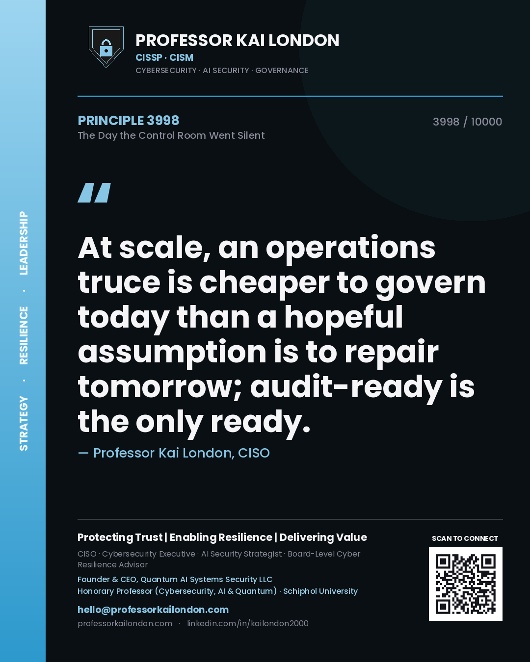 Professor Kai London principle 3998: At scale, an operations truce is cheaper to govern today than a hopeful assumption is to repair tomorrow; audit-ready is the only ready.