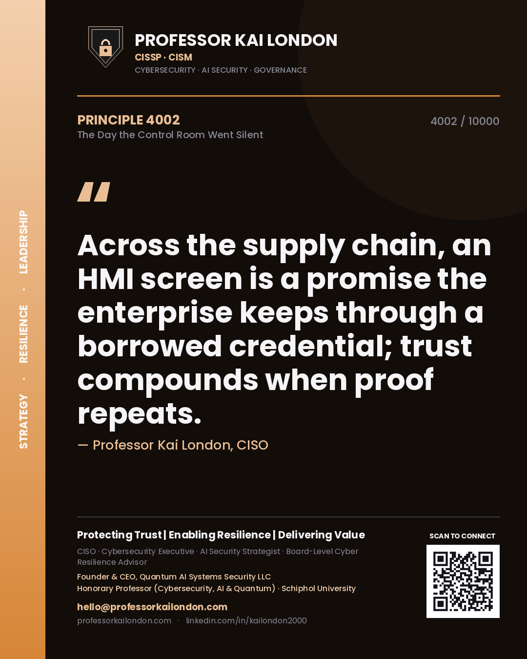Professor Kai London principle 4002: Across the supply chain, an HMI screen is a promise the enterprise keeps through a borrowed credential; trust compounds when proof repeats.