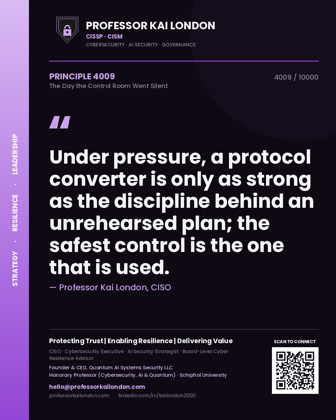 Quote card by Professor Kai London reading 'Under pressure, a protocol converter is only as strong as the discipline behind an unrehearsed plan; the safest control is the one that is used.'. From the book The Day the Control Room Went Silent.