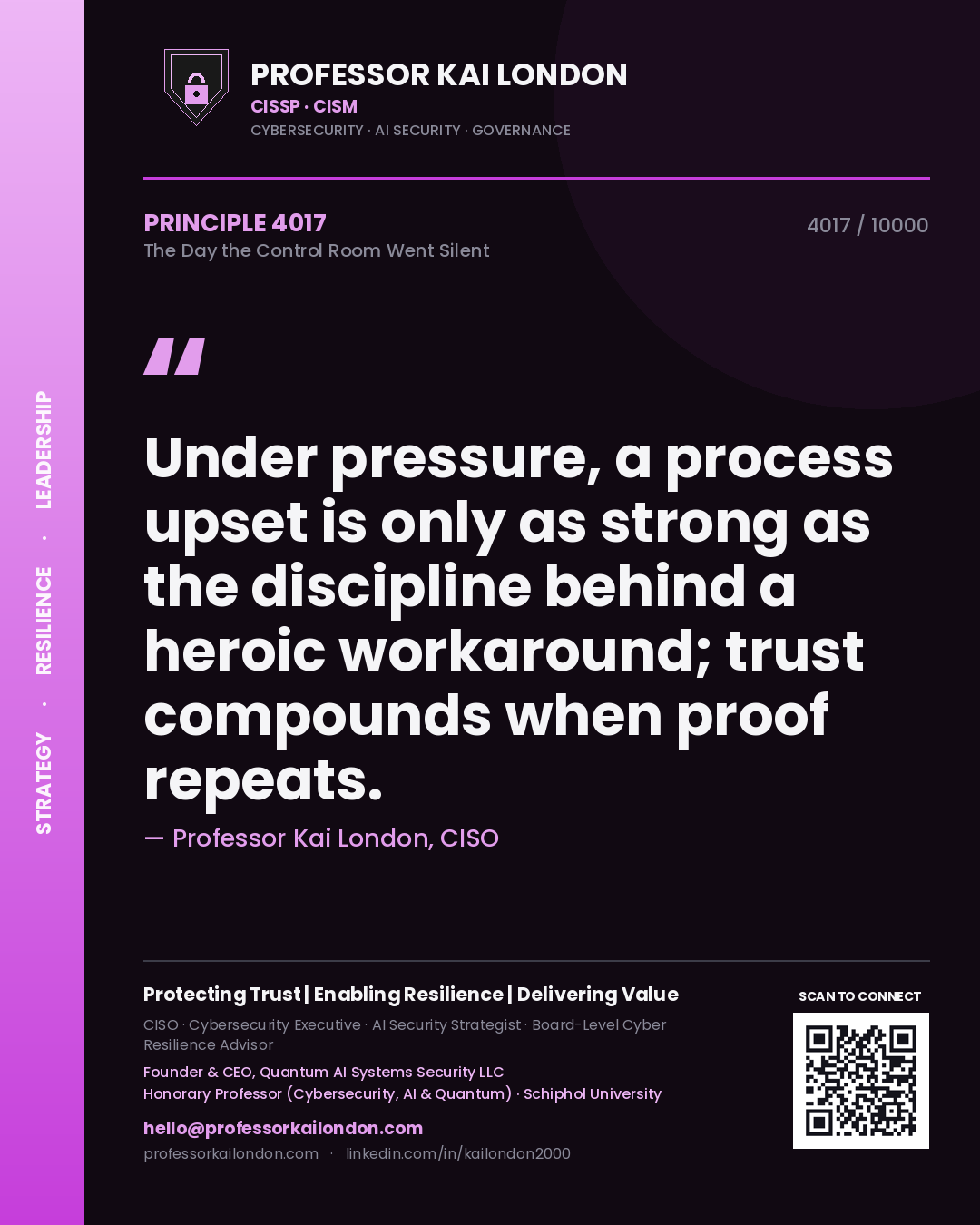 Quote card by Professor Kai London reading 'Under pressure, a process upset is only as strong as the discipline behind a heroic workaround; trust compounds when proof repeats.'. From the book The Day the Control Room Went Silent.