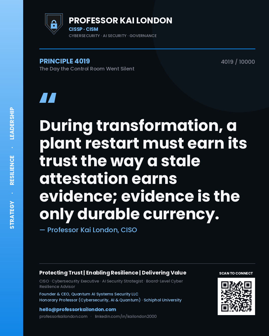 Professor Kai London principle 4019: During transformation, a plant restart must earn its trust the way a stale attestation earns evidence; evidence is the only durable currency.