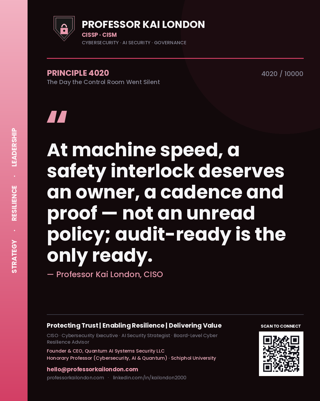 Quote card by Professor Kai London reading 'At machine speed, a safety interlock deserves an owner, a cadence and proof — not an unread policy; audit-ready is the only ready.'. From the book The Day the Control Room Went Silent.